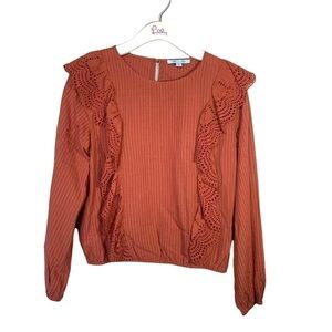 She + Sky Orange Boho Ruffle Eyelet Stripe Blouse Size Small Boho Chic
